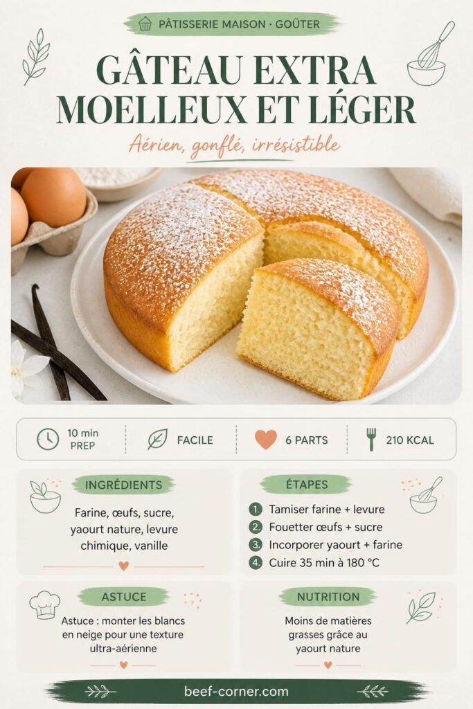 Gâteau extra moelleux et léger tranché, vue du dessus, sucre glace, fond bois clair