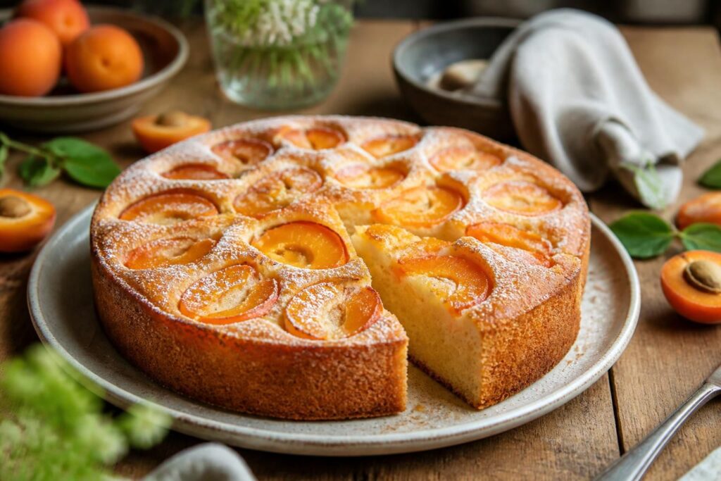 Gâteau moelleux et léger aux abricots frais, tranché sur un plat en céramique blanche, fruits caramélisés dorés visibles, lumière naturelle estivale