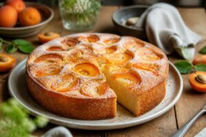 Gâteau moelleux et léger aux abricots frais, tranché sur un plat en céramique blanche, fruits caramélisés dorés visibles, lumière naturelle estivale