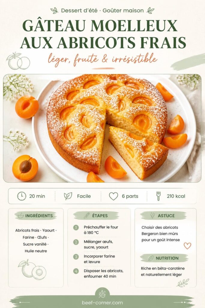 Épingle Pinterest : gâteau moelleux et léger aux abricots frais sur fond beige, recette estivale