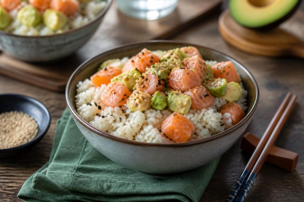 Riz à sushi cuit au Cookeo présenté dans un plat large en bois, grains brillants et légèrement collants, avec un bol de vinaigre de riz et une spatule en bois à côté