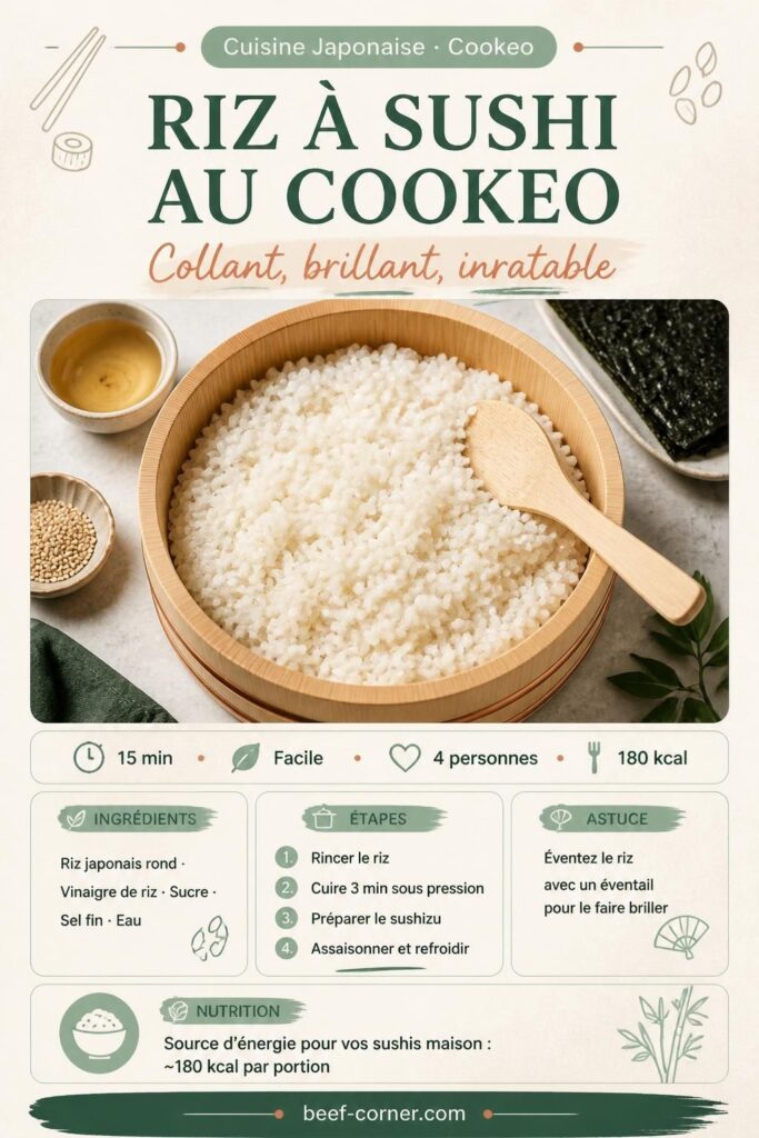 Riz à sushi au Cookeo dans un plat en bois, grains brillants et assaisonnement vinaigré, recette facile beef-corner.com